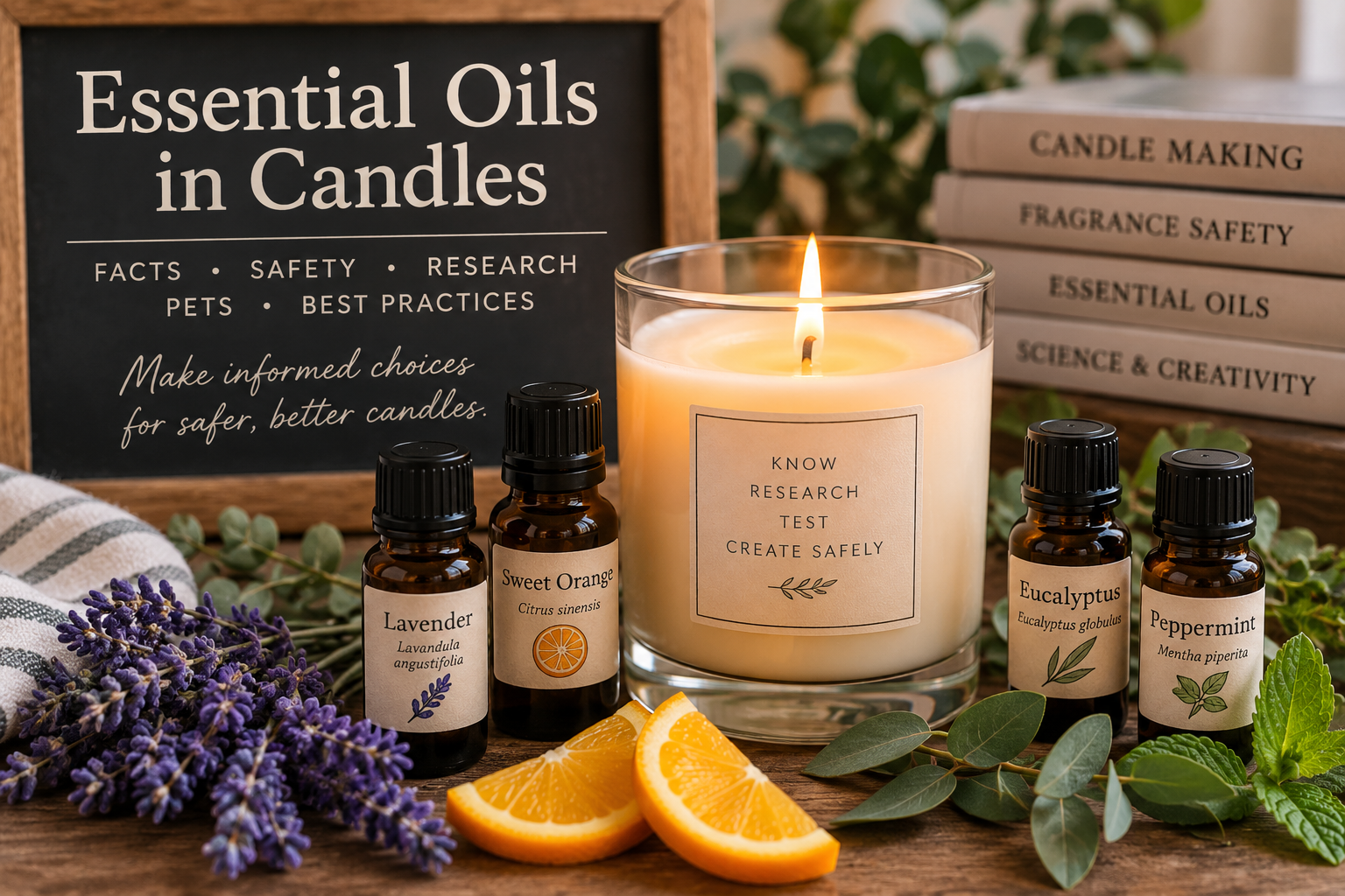 Essential oils and burning candle representing technical research on essential oil safety in candle making