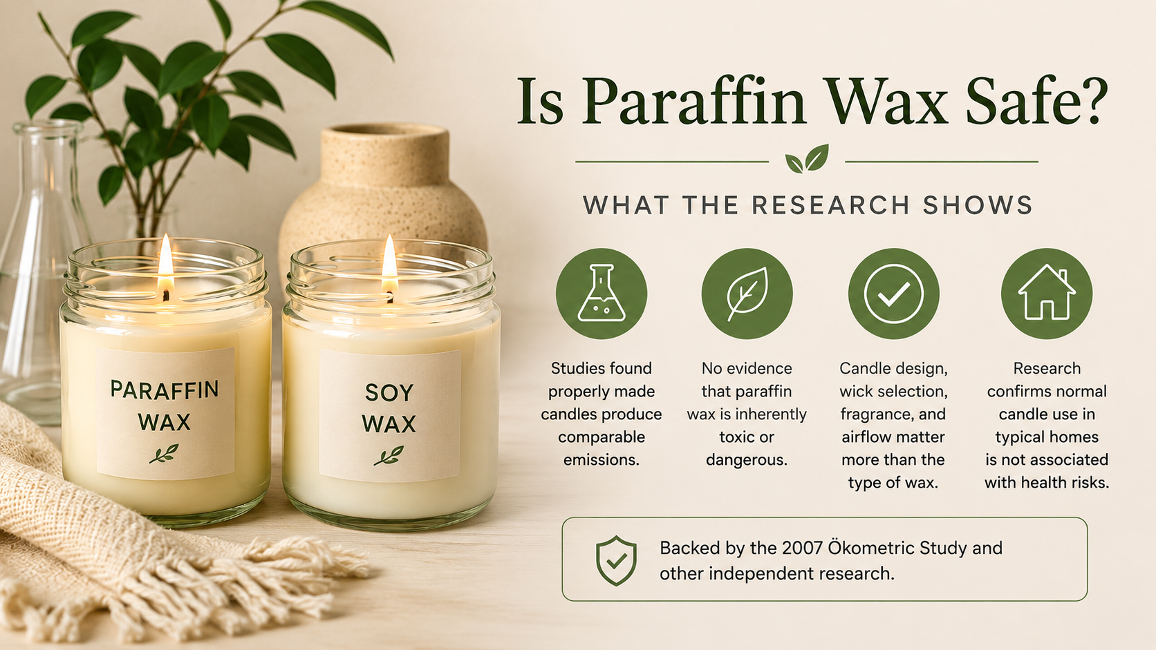 Infographic comparing paraffin and soy candles, summarizing research showing that properly made paraffin candles produce comparable emissions and are not inherently unsafe.