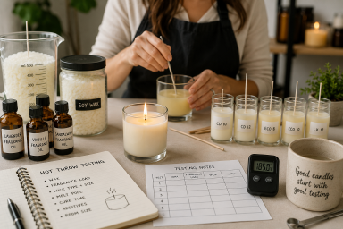 Candle maker testing wax, fragrance oil, and wick choices for stronger hot throw